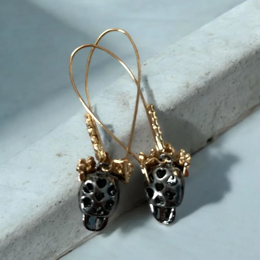 Skull Head Drop Earrings - Fashion Jewelry with Iron Ear Needle and Rhinestones - Picture 3 of 4